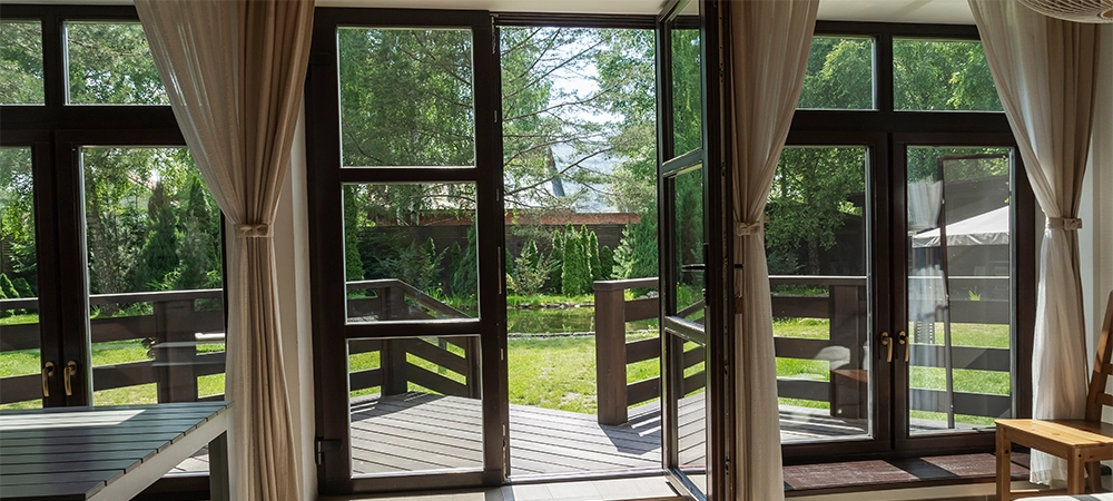 open french door in backyard lawn