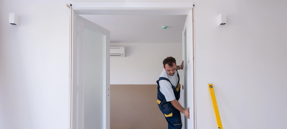 carpenter changing new door and frame