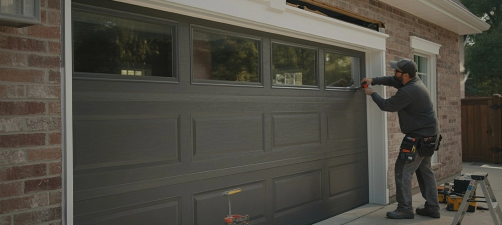 professional man replacing garage door
