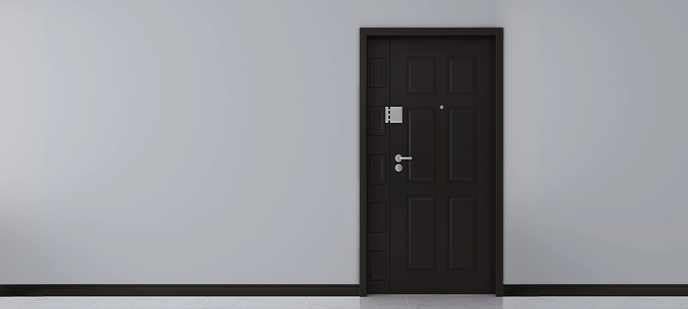 door with steel door. door handle on wood black oak door panel