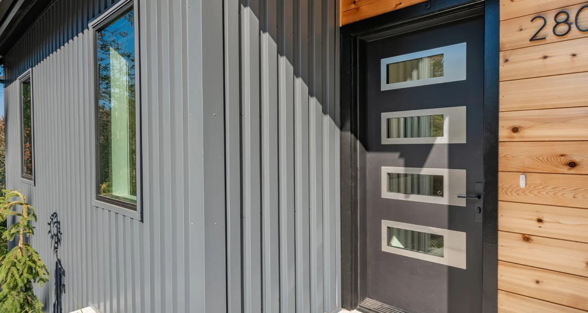 front door entry exterior of a contemporary home with grey metal siding black entrance and cedar siding