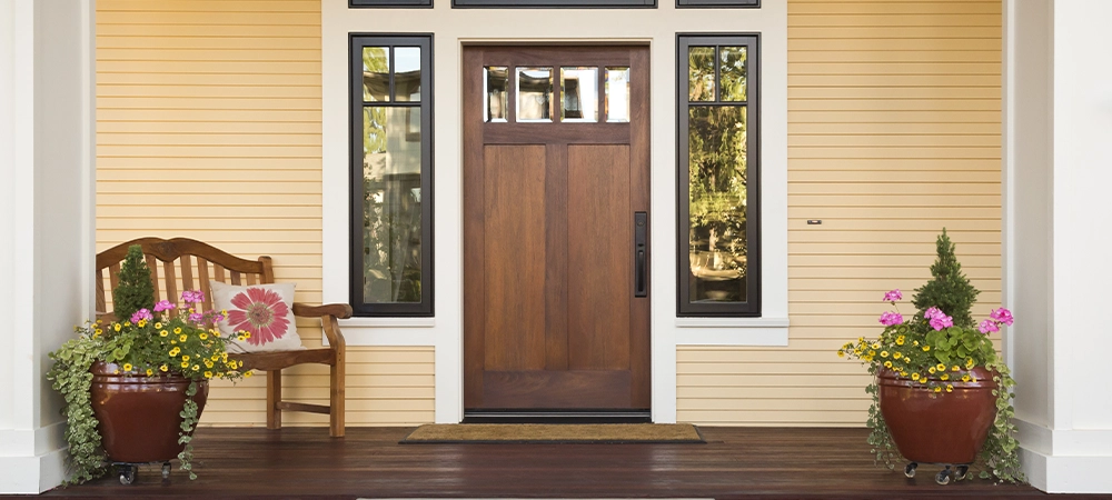 modern home outside entrance view, luxury wooden door and window