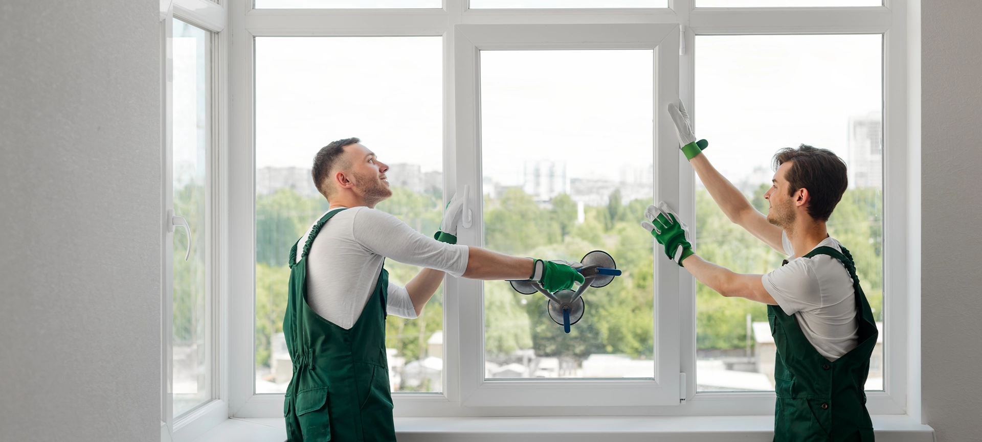 young workers replacing a window in the living room