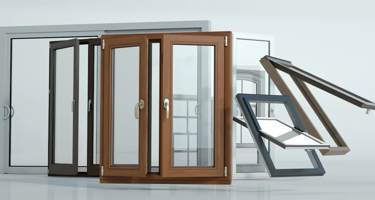 3D rendering of a selection of windows of different types and styles