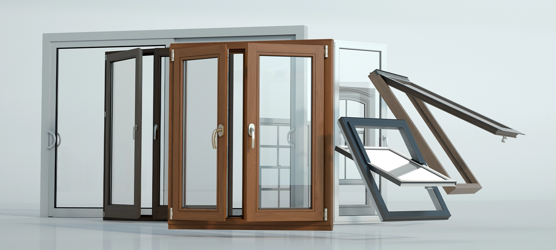 3D rendering of a selection of windows of different types and styles