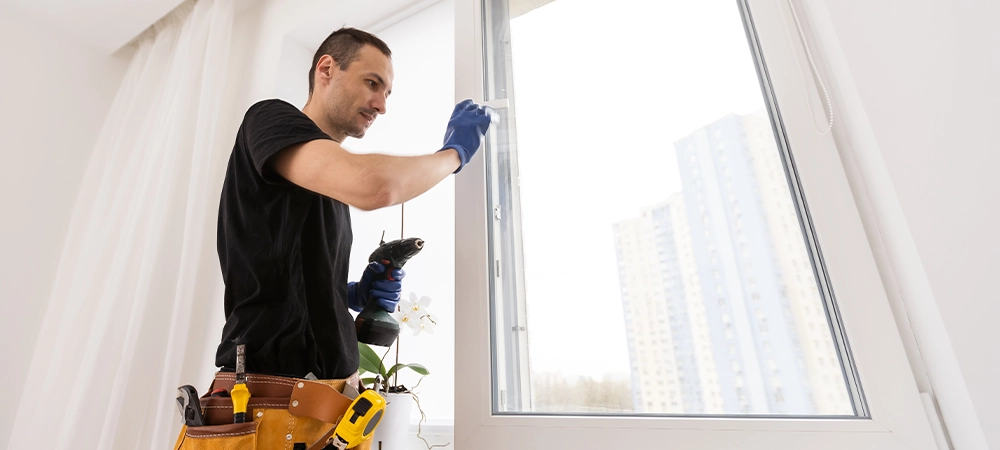 Master in gloves adjusting pvc windows with screwdriver closeup. Installation of plastic windows repair and maintenance concept