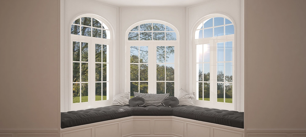 Big window with garden meadow panorama, minimalist empty space