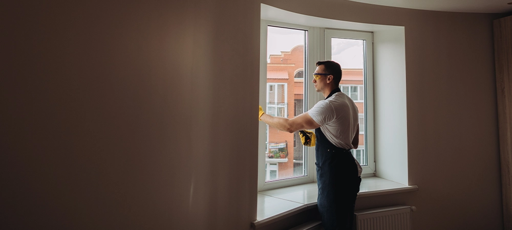 Maintenance man is fixing windows in a living room using a skrewdriver. He is wearing glasses, yellow gloves and a black apron