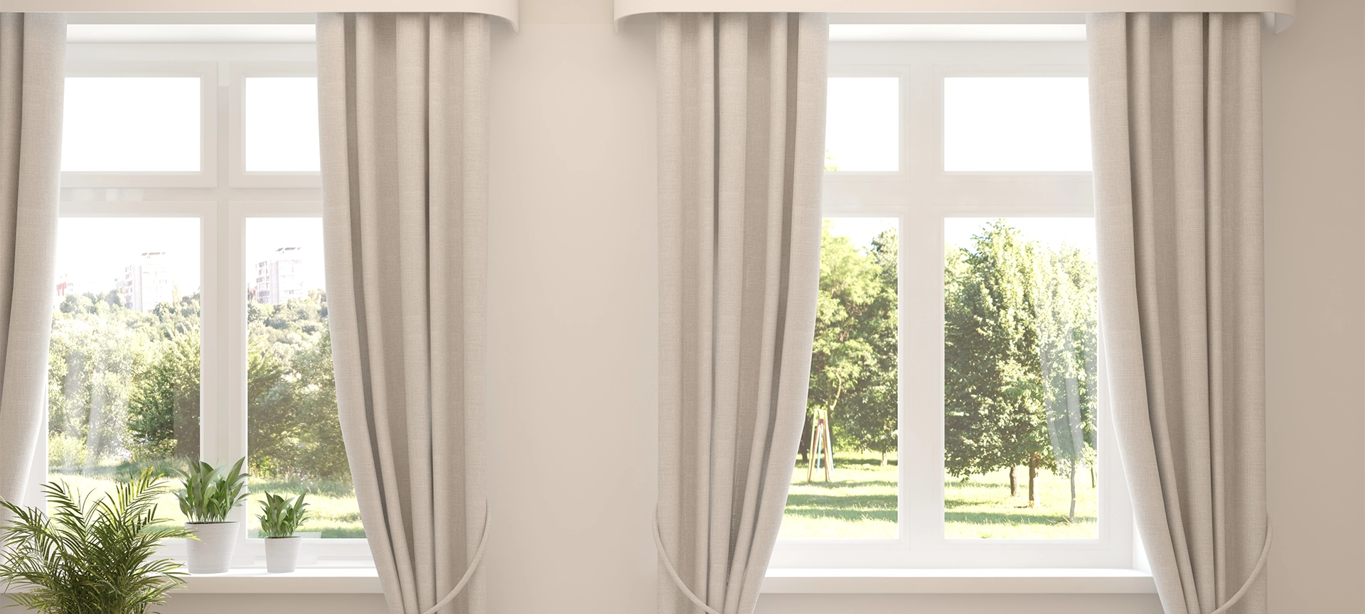 White empty room with summer landscape in window. Scandinavian interior design