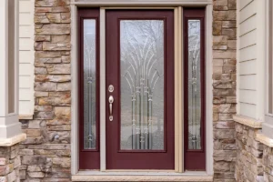 A covered front door detail featuring a burgundy door with decorative glass surrounded by stone and tan vinyl siding and lush green bushes.