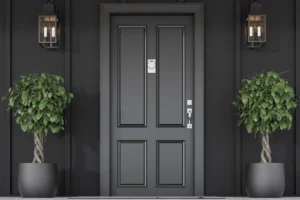 Stylish black front door of modern house with black walls, door mat, trees in pots, stairs and lamps. 3d rendering