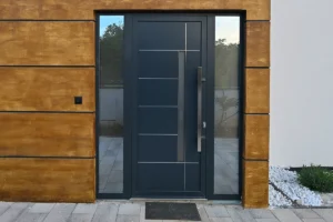 Modern house entrance with a stylish dark door, striking wooden facade, and paved driveway. Sunlight flares through the dark metal gate, adding a dynamic touch to this contemporary home's exterior